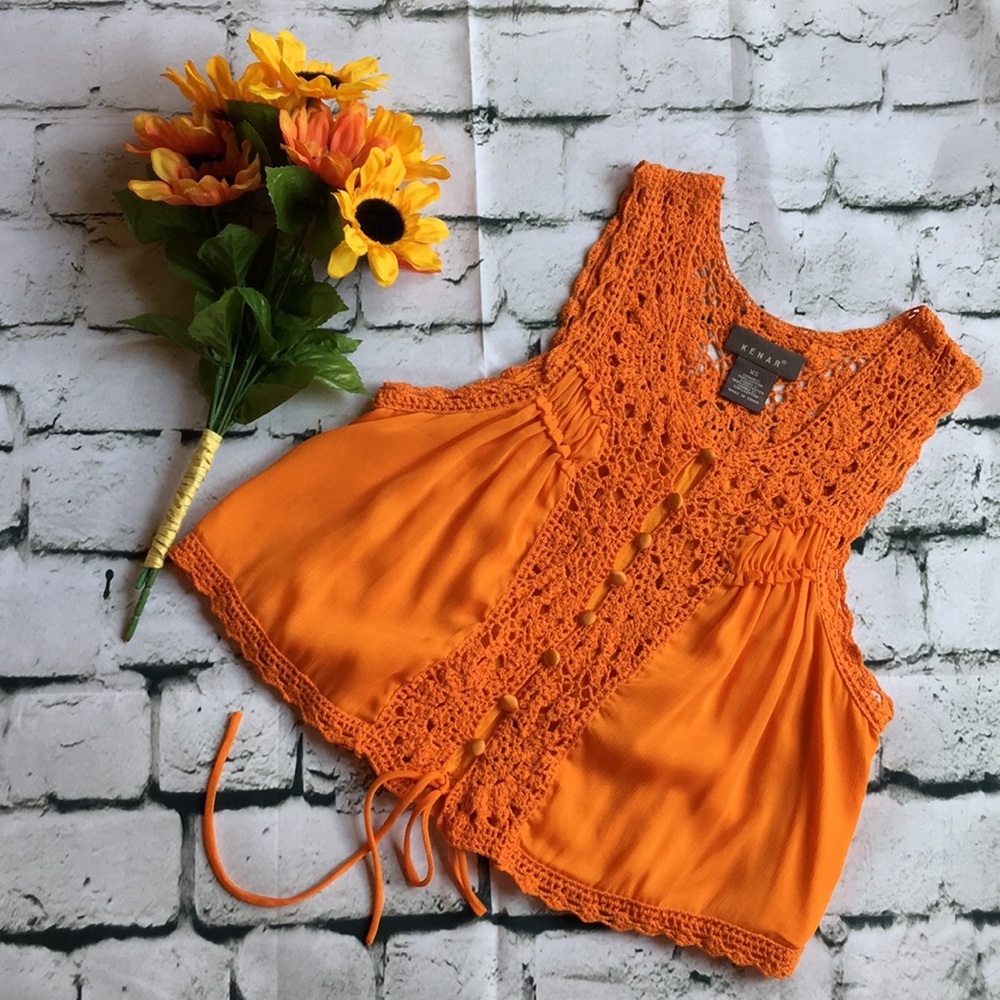 Kenar Crochet Trim Orange Sleeveless Top S